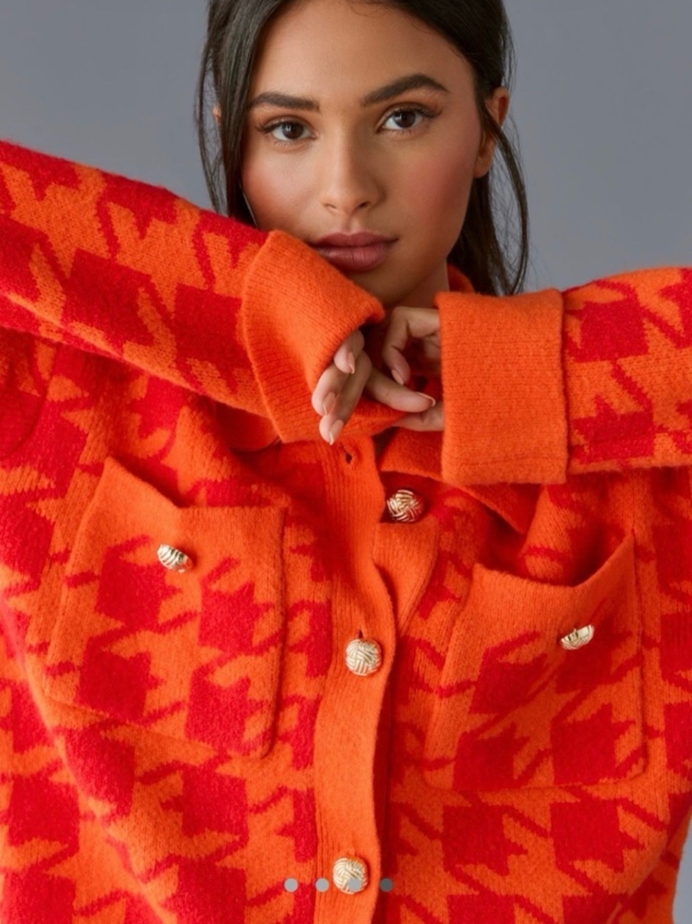 NWOT Anthropologie English Factory Red and Orange Houndstooth Knit Cardigan